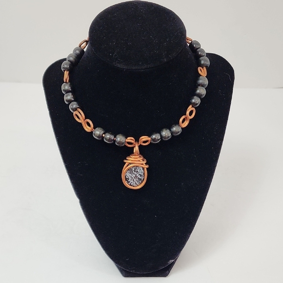 Elegant Copper and Silver Beaded Necklace Drop Stone - Picture 1 of 11